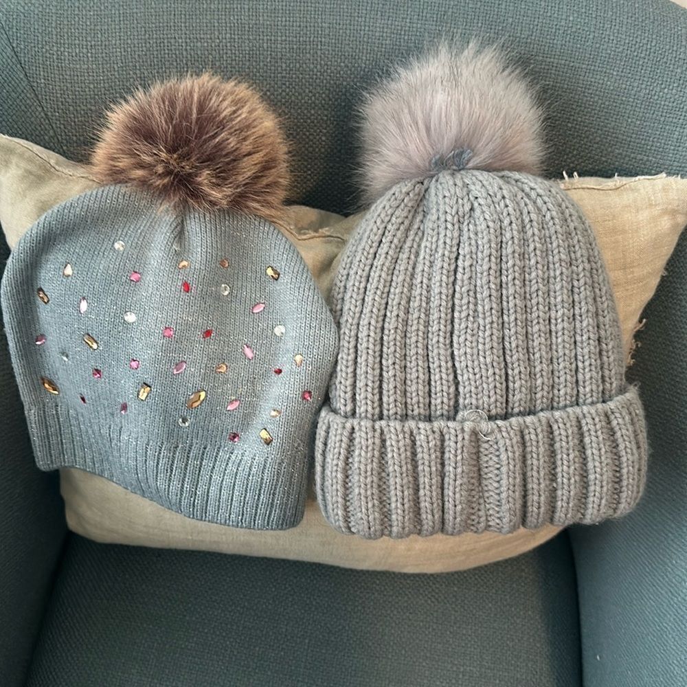 2 Knit Hats W/Faux Fur Pom Pom Bundle